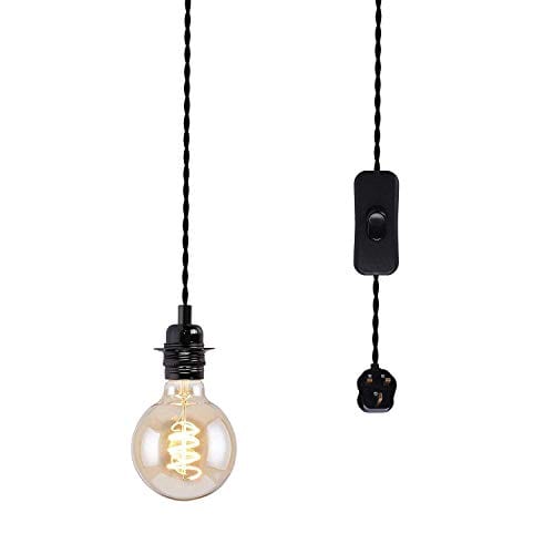 JING JING Vintage Pendant Light Fitting with Plug-in,4.5 Meters Braided Twisted Fabric Cable Plug with in-Line On/Off Switch,E27 Screw Lamp Holder, Industrial Style Hanging Light Fitting Kit-LAN05-BLK