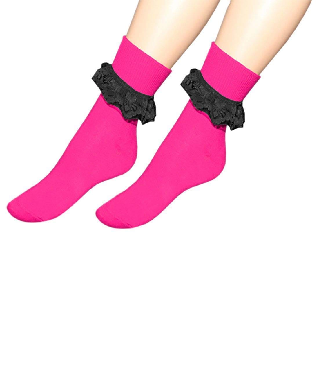 B&S Trendz Ladies Girls 80s Pink Ankle Socks with Black Lace