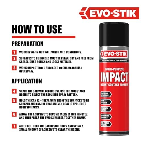 EVO-STIK EVO-STIK Impact Adhesive Spray, Bonds Immediately on Contact, High Shear Strength, Colour: Translucent Amber, Size: 200ml Spray Can