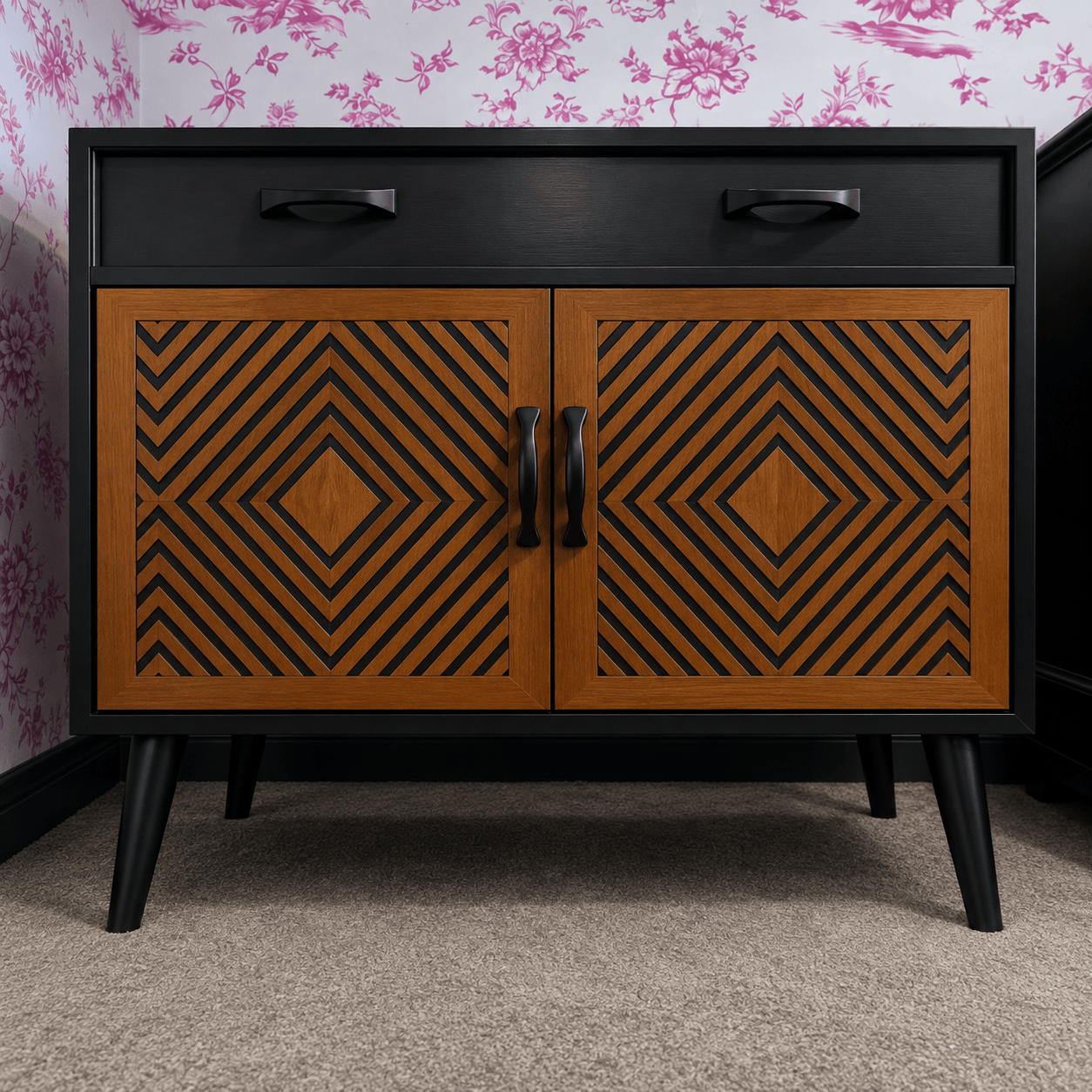 Muck N Brass Furniture Black with Black Geometric Design Muck N Brass – Upcycled Mid-Century Sideboard | Large Bedside Cabinet | Geometric Door Design