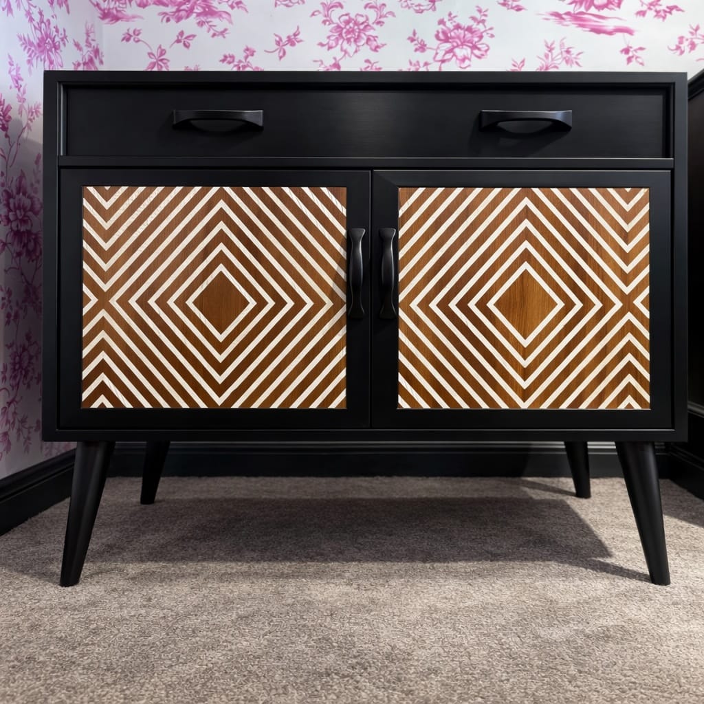 Muck N Brass Furniture Black with White Geometric design on Doors Muck N Brass – Upcycled Mid-Century Sideboard | Large Bedside Cabinet | Geometric Door Design