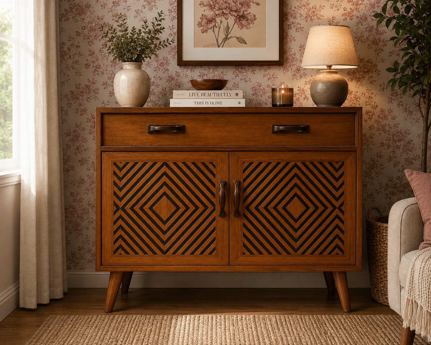 Muck N Brass Furniture Muck N Brass – Upcycled Mid-Century Sideboard | Large Bedside Cabinet | Geometric Door Design