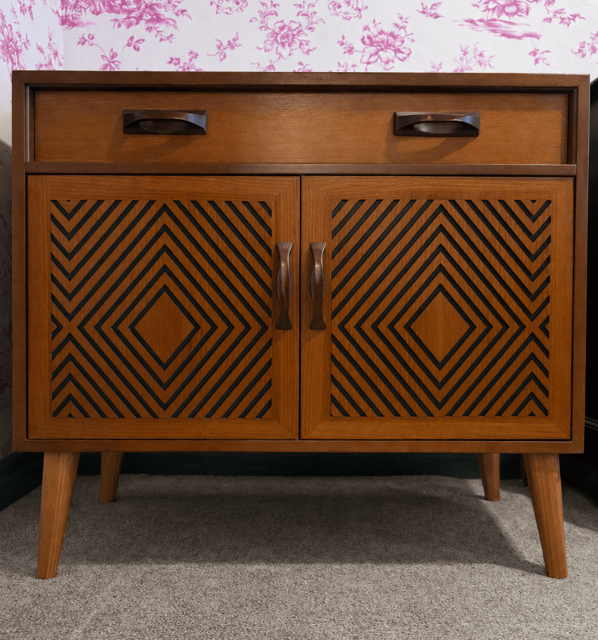 Muck N Brass Furniture Teak with Black Geometric Design on Doors Muck N Brass – Upcycled Mid-Century Sideboard | Large Bedside Cabinet | Geometric Door Design