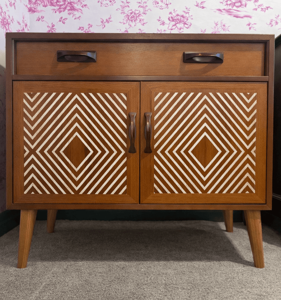Muck N Brass Furniture Teak with White Geometric Design Muck N Brass – Upcycled Mid-Century Sideboard | Large Bedside Cabinet | Geometric Door Design