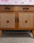 Muck N Brass Furniture Teak with White Geometric Design Muck N Brass – Upcycled Mid-Century Sideboard | Large Bedside Cabinet | Geometric Door Design