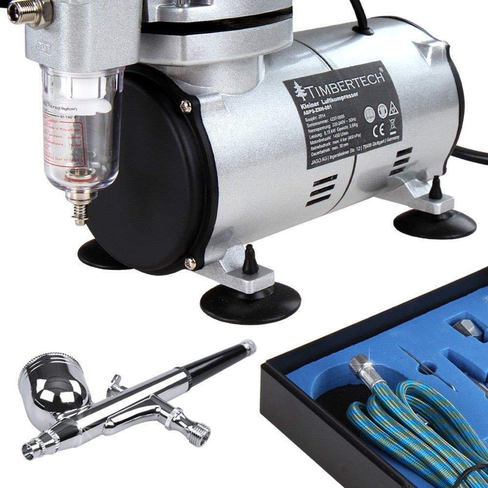 TIMBERTECH Timbertech Airbrush Kit with Air Compressor ABPST05 With Powerful Airflow and High Working Pressure for Hobbies Crafts Nail Art Temporary Tattoos Cake Decorating Cosmetics Auto-Motorcycle Graphics and so on